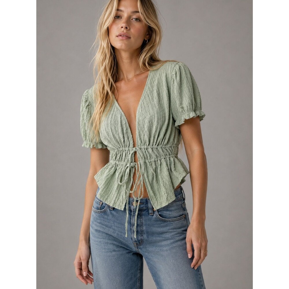 H&M Divided Top Womens Large Sage Green Tie Front Peplum Textured Puff Sleeve Bo